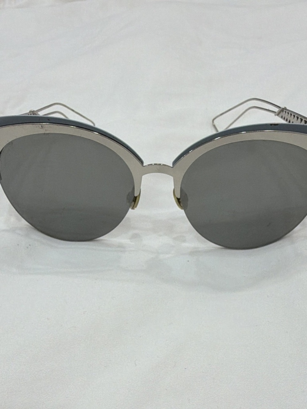 Dior Amaclub Cat Eye Sunglasses Silver Blue Cannage Temples Silver Mirror Lens